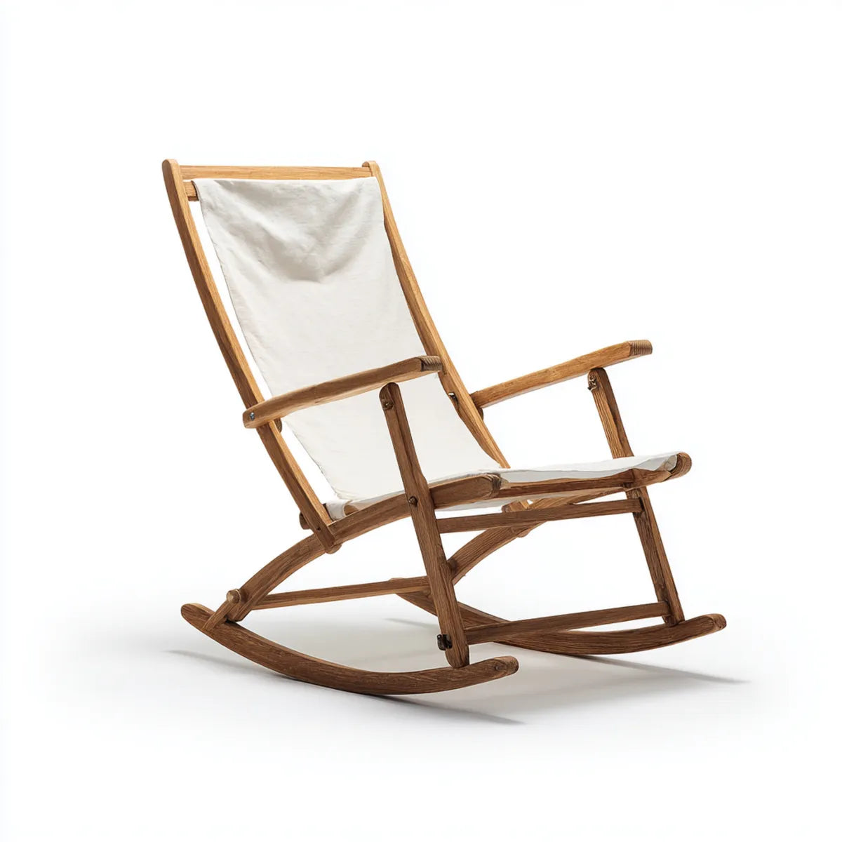 Fauteuil à bascule beige et naturel en bois massif avec toile de coton forme incurvée 115 x 65 x 95 cm