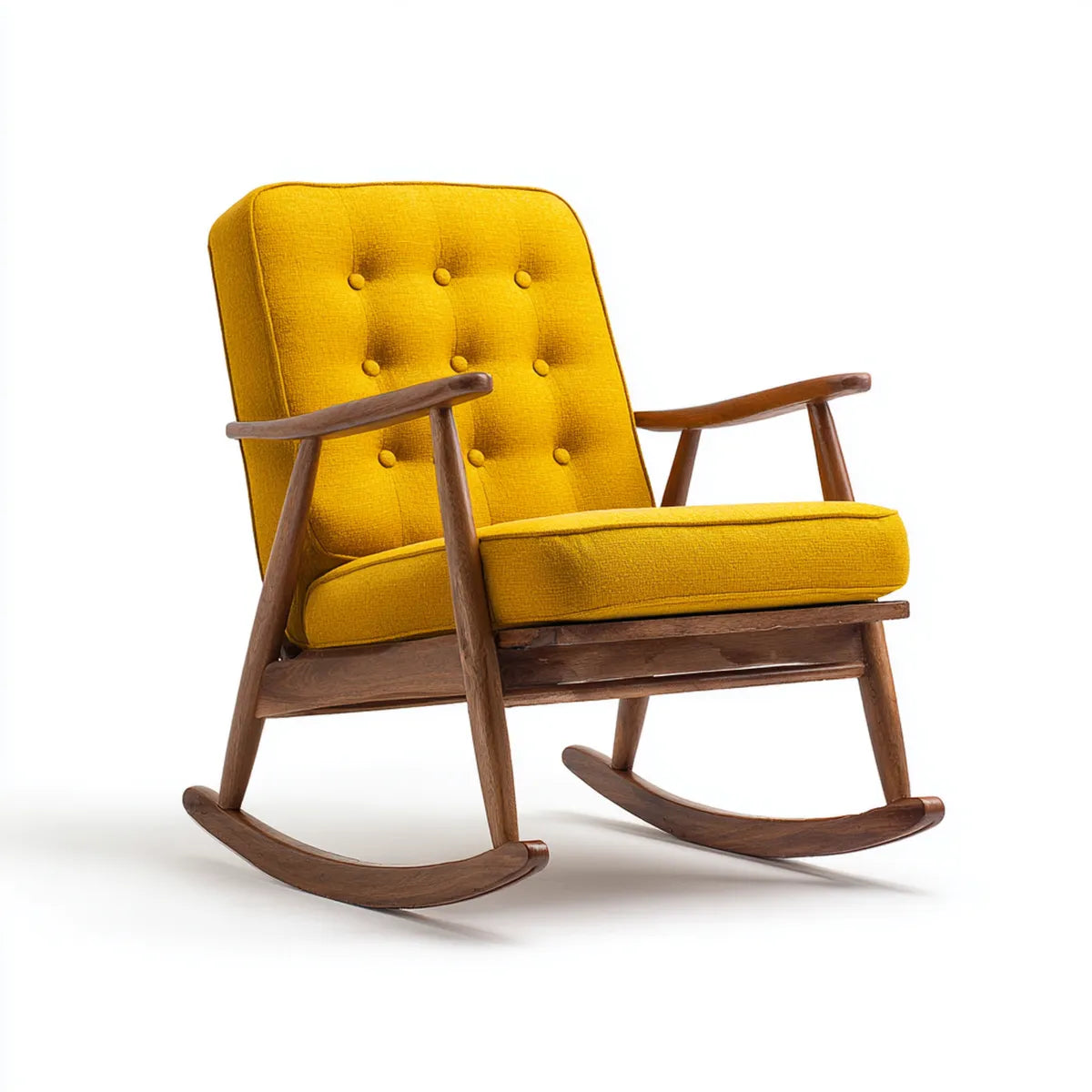 Fauteuil à bascule jaune moutarde en polyester et bois d'hévéa 67 x 85 x 98 cm silhouette droite