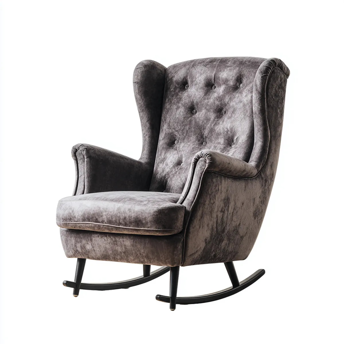 Fauteuil à bascule gris en velours de polyester avec dossier capitonné 75 x 92 x 105 cm