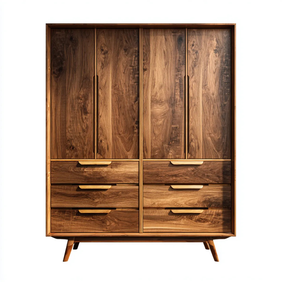 Armoire de chambre rectangulaire 4 portes et 6 tiroirs brun noyer en noyer massif 200 x 60 x 220 cm