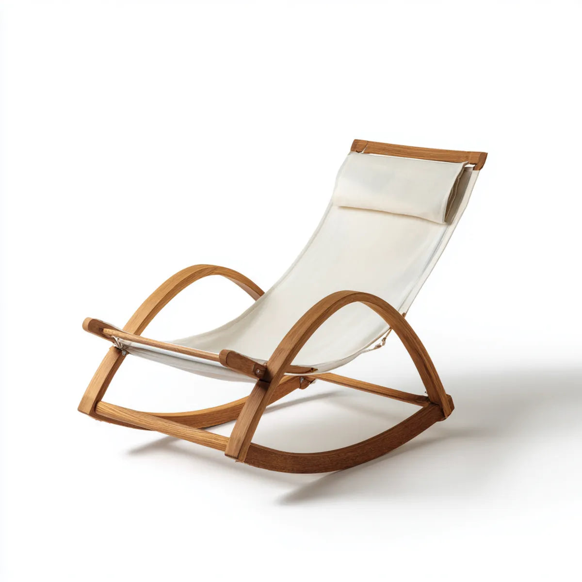 Fauteuil à bascule blanc et naturel 115 x 65 x 85 cm en chêne massif et toile de coton forme incurvée