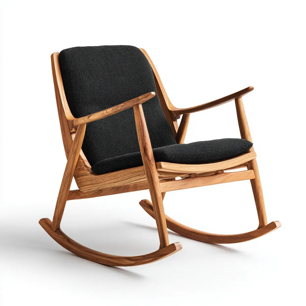 Fauteuil à bascule noir en bois massif d’acacia et polyester 68 x 90 x 96 cm